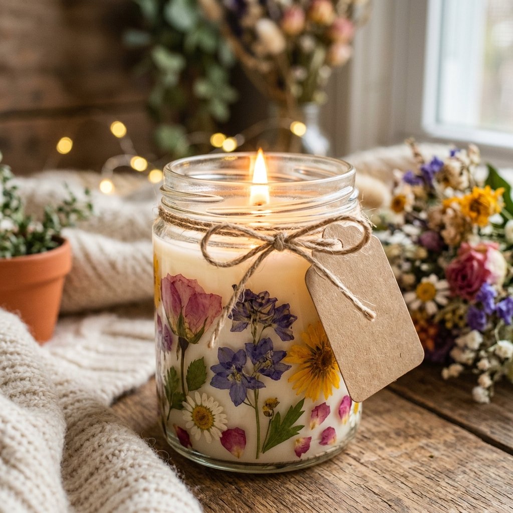 Customizable handmade floral candle jar with dried botanicals