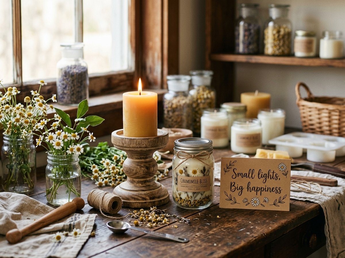 Candello workshop desk with candles and Small lights Big happiness card