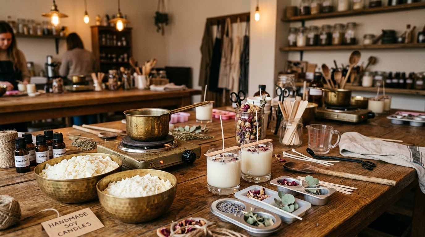 Candle making workshop with cozy artisan setup, molten wax and dried flowers