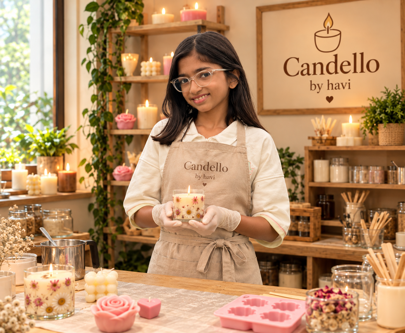Havi, founder of Candello smiling with candle
